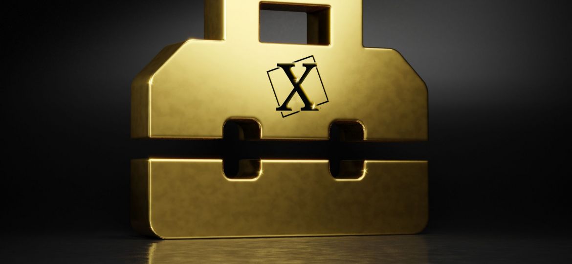 gold metal symbol of toolbox 3D rendering with blurry reflection
